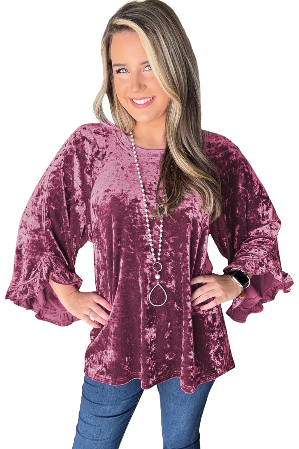 Red Dahlia Ruffle Bell Sleeve Loose Velvet Blouse-True and Wild