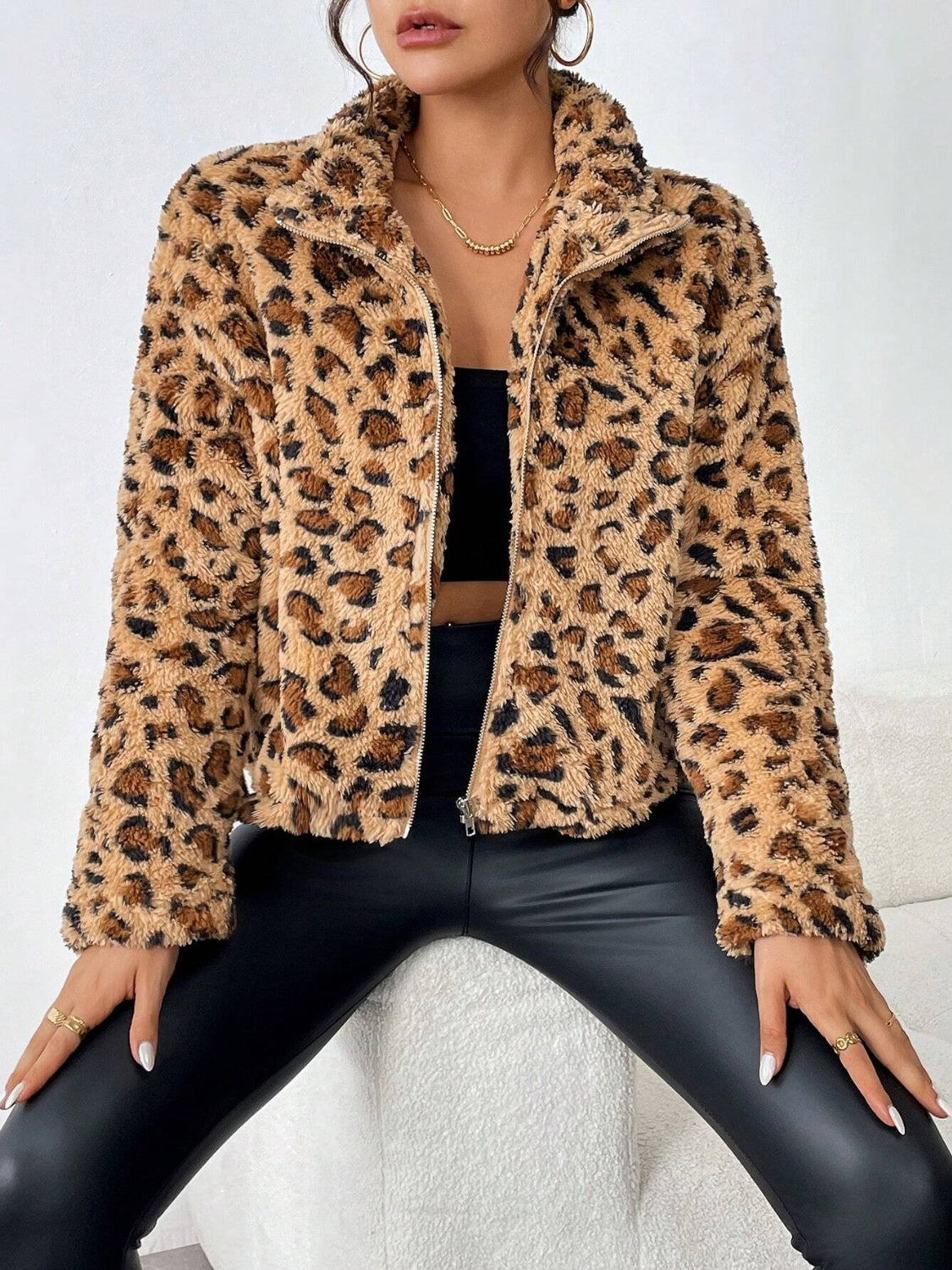 Fuzzy Turtleneck Leopard Zip Up Jacket-True and Wild