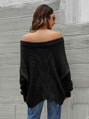 Cable Knit Openwork Off-Shoulder Sweater-True and Wild