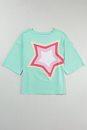 Moonlight Jade Colorblock Star Patched Half Sleeve Oversized Tee-True and Wild