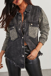 Raw Hem Leopard Snap Down Denim Jacket-True and Wild