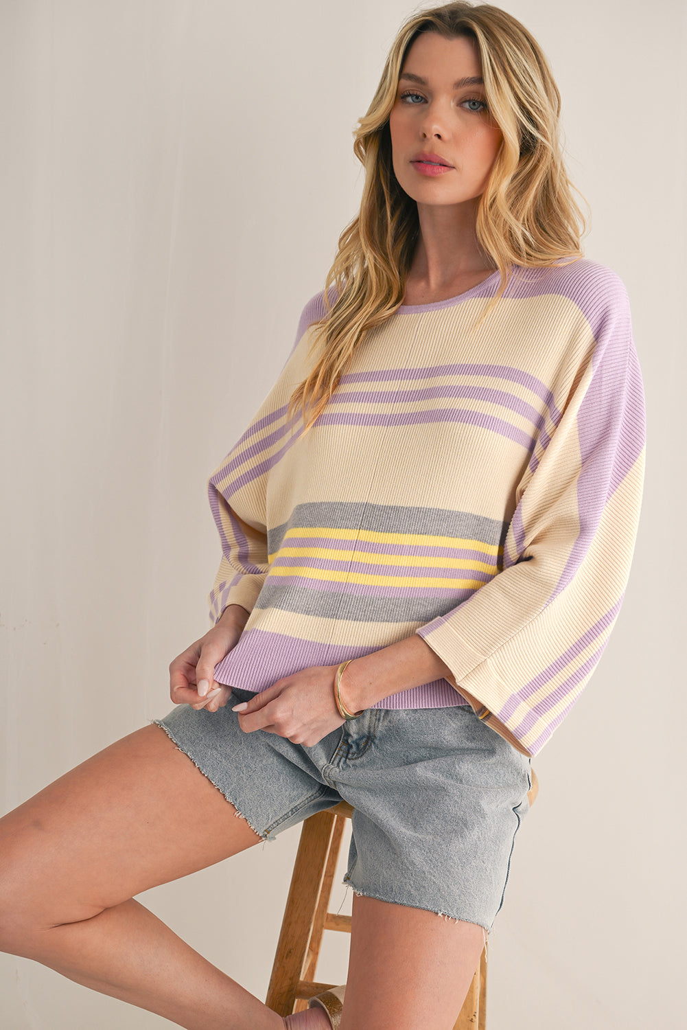 Purple Striped Rib-Knit Cropped Top-True and Wild