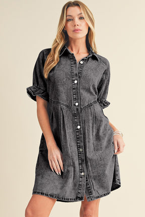 Blue Mineral Washed Ruffled Short Sleeve Pocketed Denim Dress-True and Wild