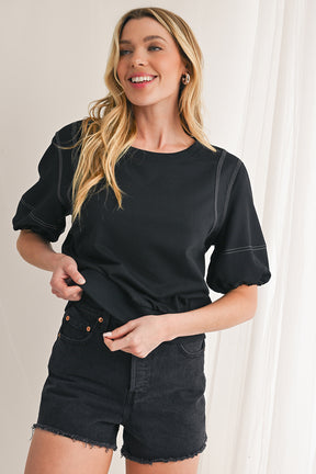 Black Half Puff Sleeve Round Neck Casual Blouse-True and Wild