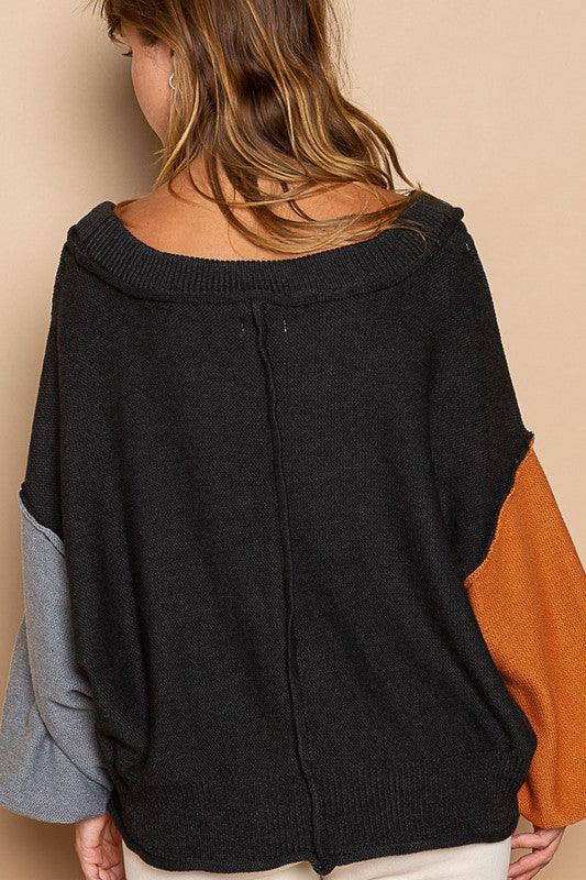 POL Exposed Seam Roll Edge Color Block V Neck Sweater-True and Wild