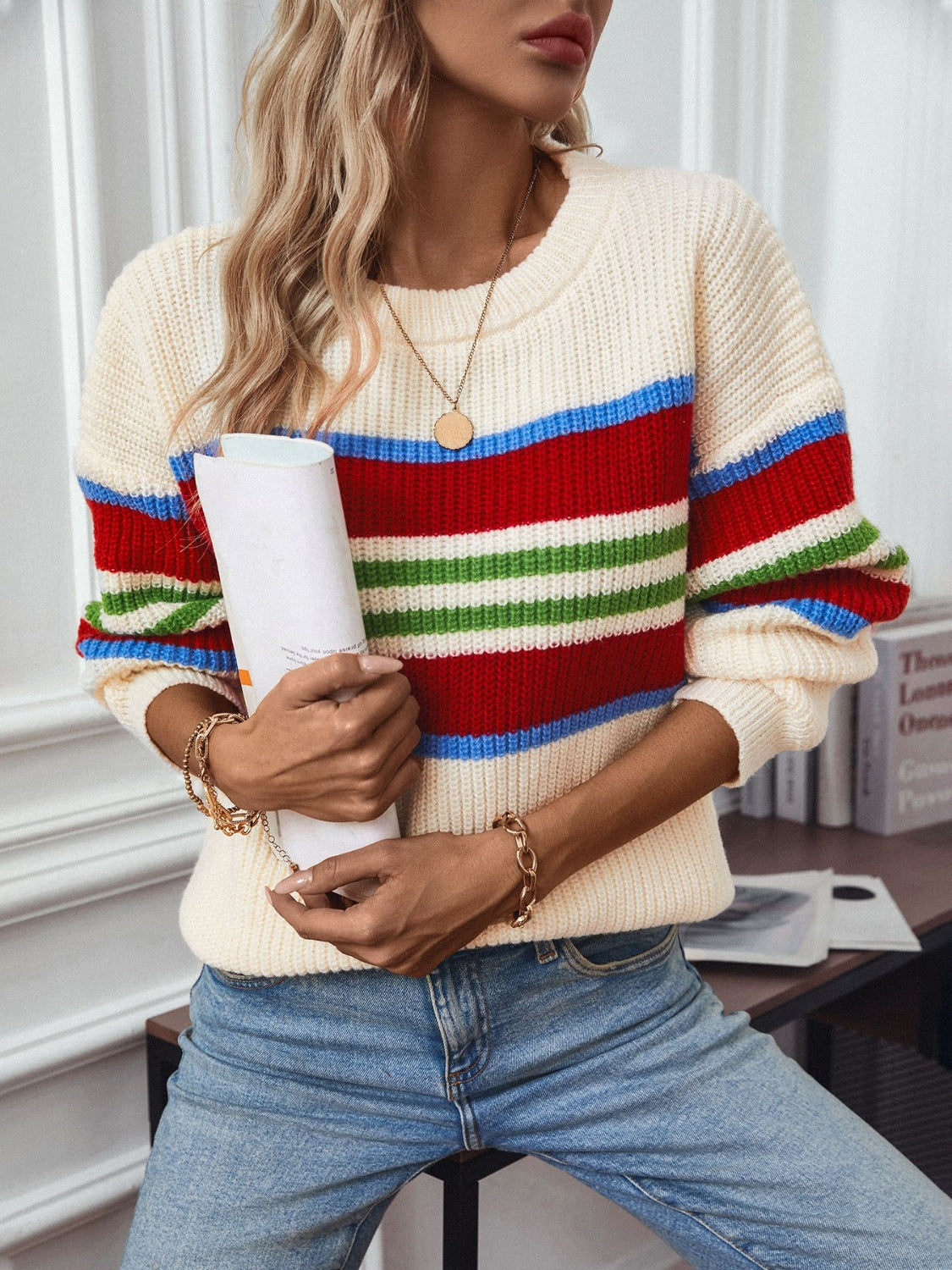 Contrast Stripes Round Neck Long Sleeve Sweater-True and Wild