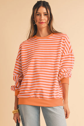 Blue Stripe Drop Shoulder Crew Neck Loose Sweatshirt-True and Wild