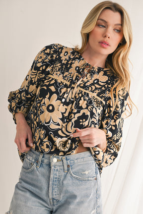 Black Boho Floral Smocked V Neck Bracelet Sleeve Blouse-True and Wild