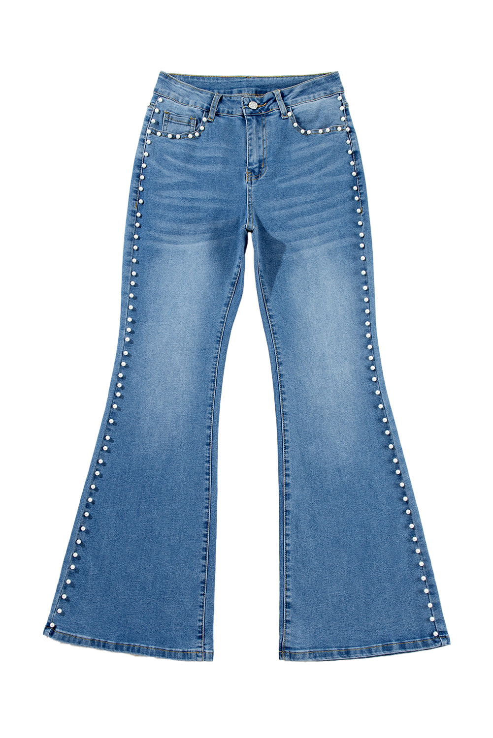 Dusk Blue Pearl Decor High Waist Flared Jeans-True and Wild