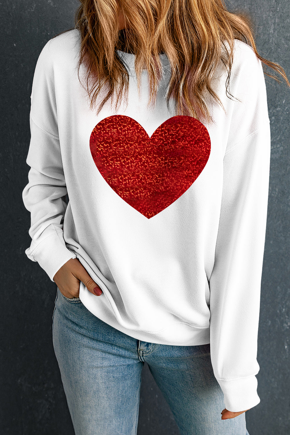 Beige Glitter Valentine Heart Graphic Sweatshirt-True and Wild