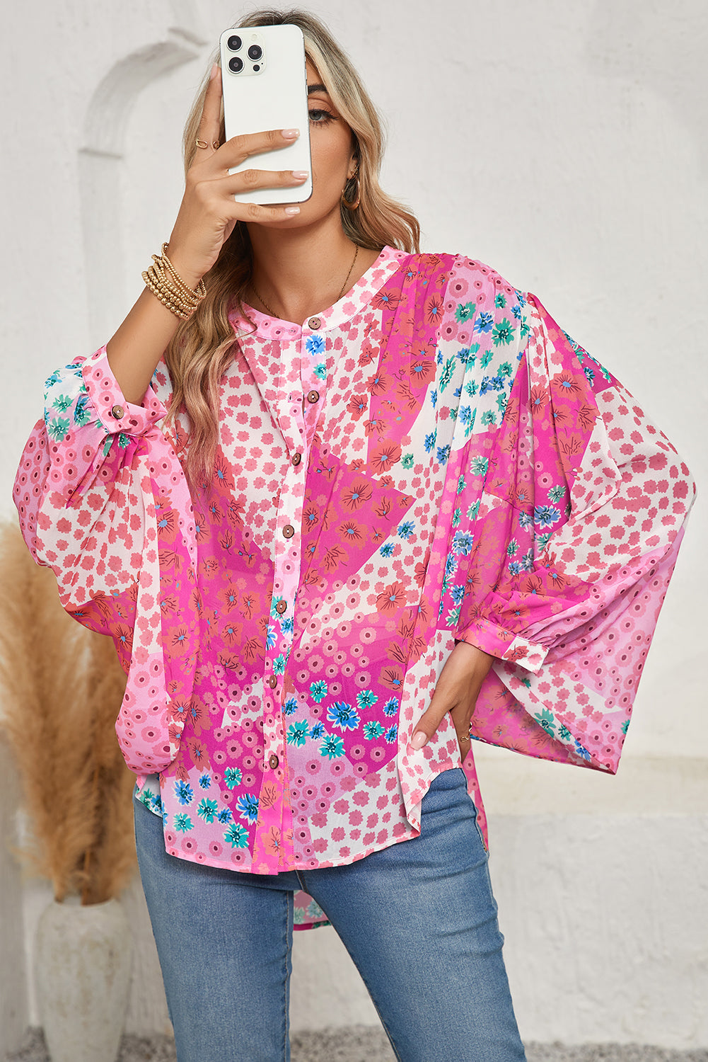 Rose Red Floral Print Dolman Sleeve Blouse-True and Wild