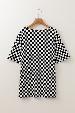 Black Checkered Print Side Slits Plus Size T Shirt-True and Wild