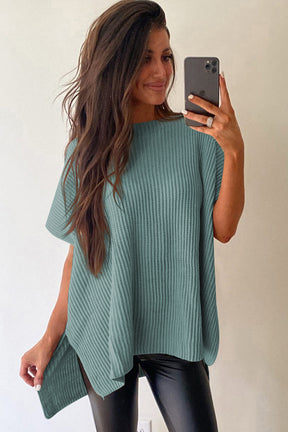 Haze Blue Side Slit Short Sleeve Oversized Sweater-True and Wild