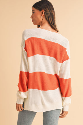 Orange Colorblock V Neck Side Slits Sweater-True and Wild