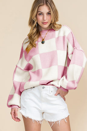 Orange & White Plaid Exposed Seam Bishop Sleeve Sweater-True and Wild