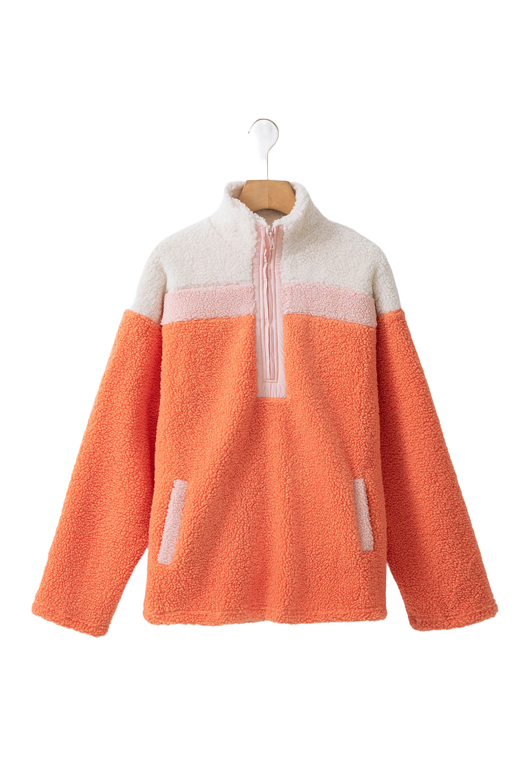 Orange Colorblock Zipper Stand Neck Sherpa Sweatshirt-True and Wild