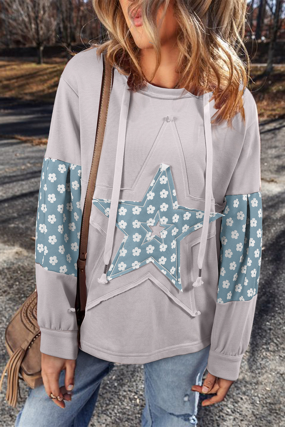 Floral Patchwork Star Pattern Drawstring Hoodie-True and Wild