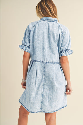 Blue Mineral Washed Ruffled Short Sleeve Pocketed Denim Dress-True and Wild