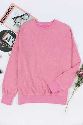 Pink Plain Drop Shoulder Ribbed Trim Oversized Sweatshirt-True and Wild