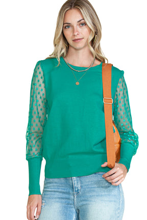 Green Dotted Mesh Puff Sleeve Top-True and Wild