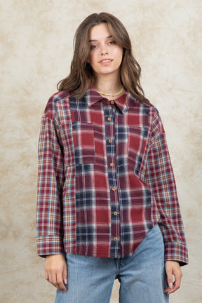 Plaid Collared Neck Button Up Long Sleeve Shirt-True and Wild