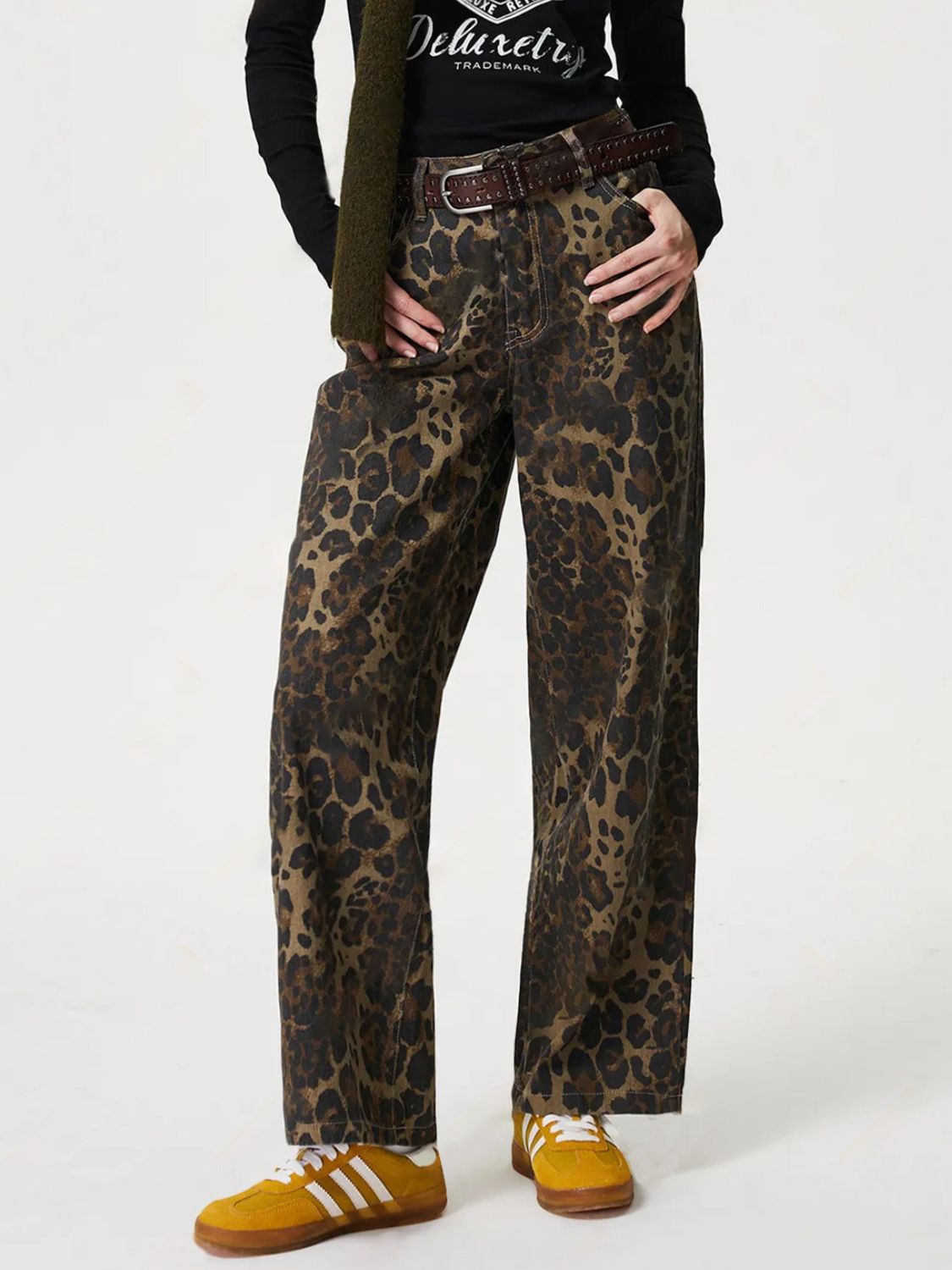 Leopard Straight Jeans With Pockets