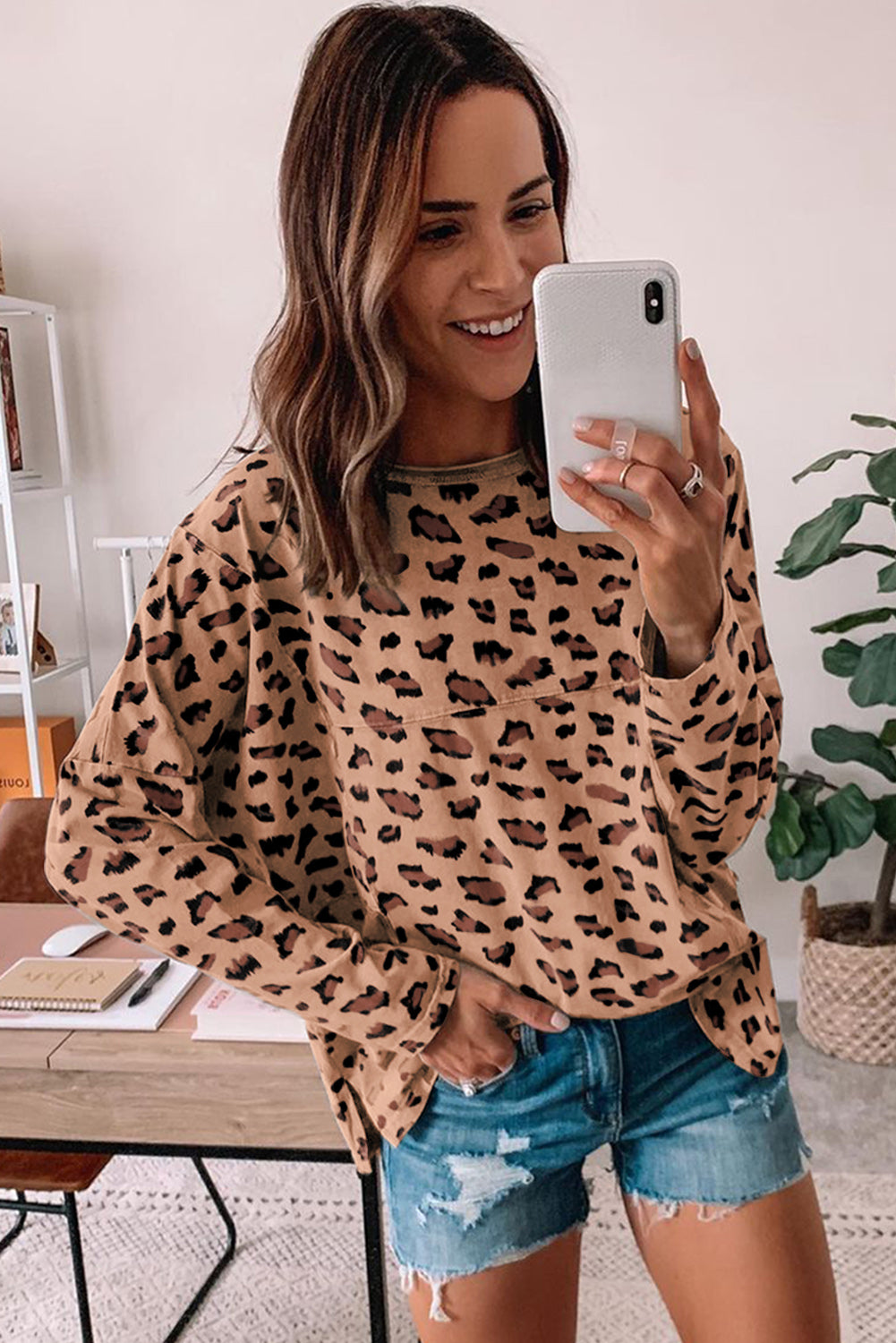 Brown Leopard Stitching Loose Long Sleeve Top-True and Wild