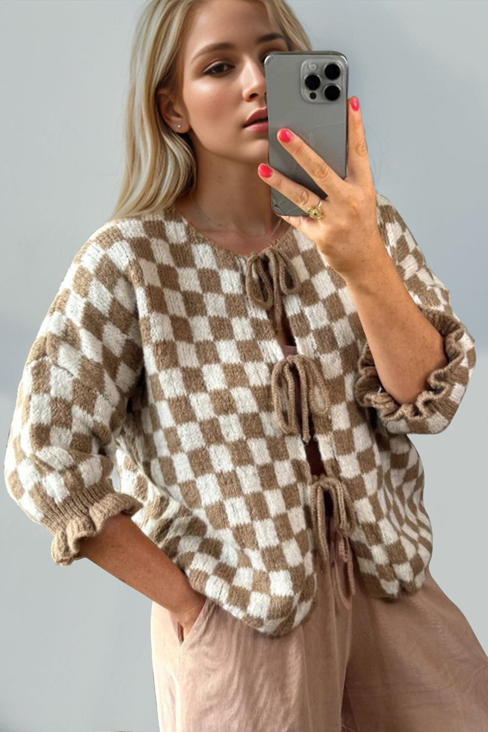 Double Take Tied Checkered Dropped Shoulder Flounce Sleeve Cardigan-True and Wild