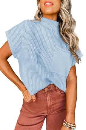 Beau Blue Patch Pocket Ribbed Knit Short Sleeve Sweater-True and Wild