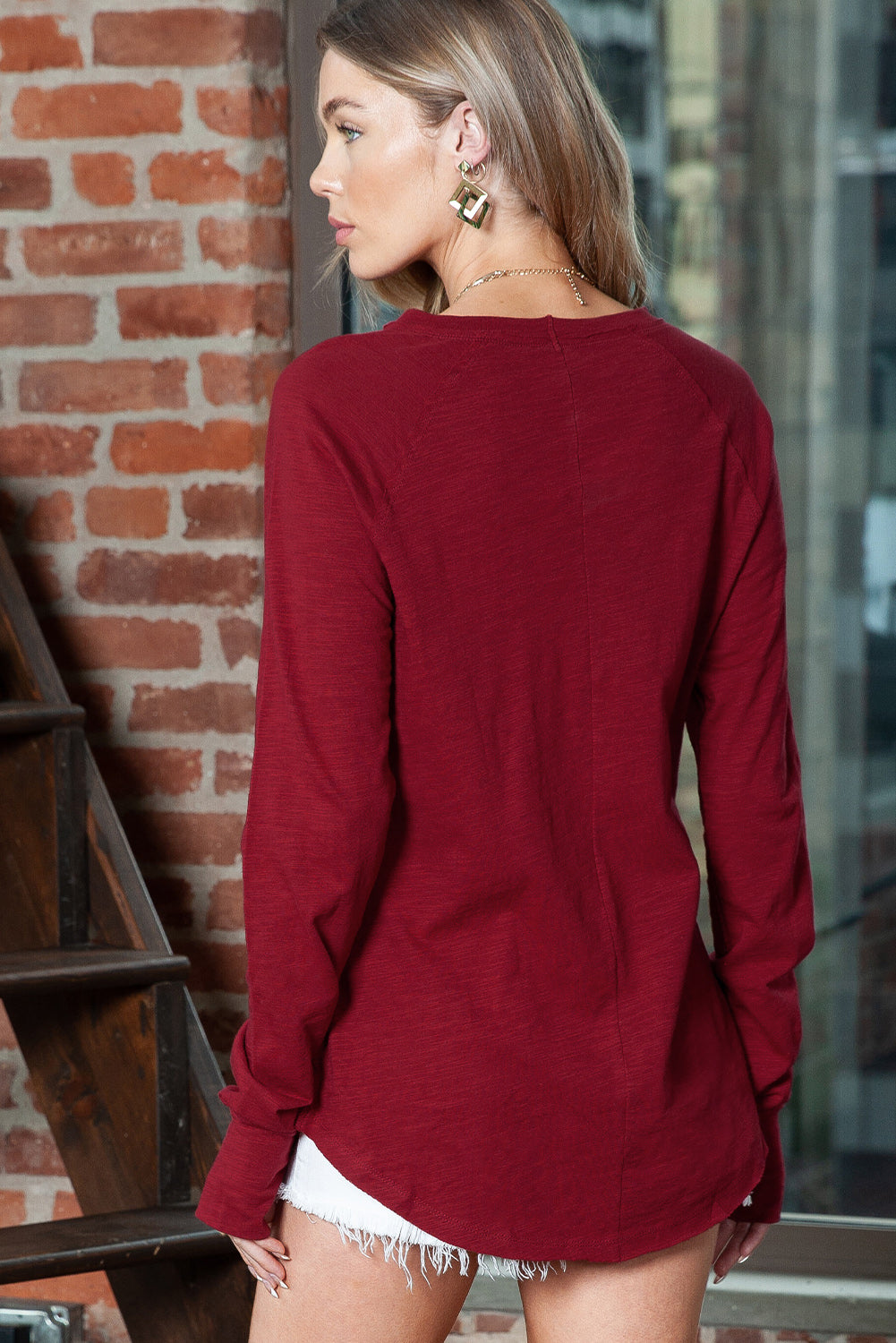 Green Plain Solid Casual Thumbhole Long Sleeve Top-True and Wild