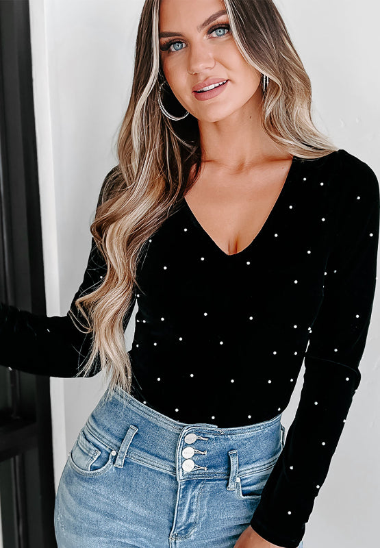 Pearl Detail Velvet V-Neck Long Sleeve Bodysuit-True and Wild