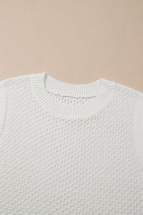 White Solid Color Eyelet Knit Crew Neck Vest