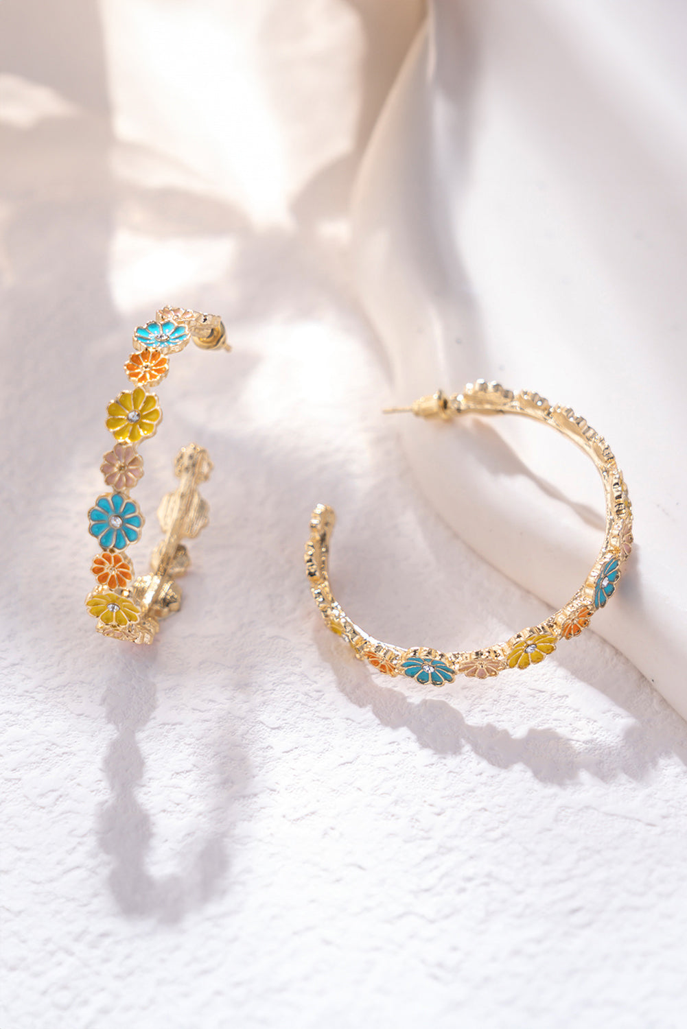 Gold Rhinestone Daisy Flowers Hoop Earrings