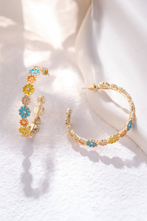 Gold Rhinestone Daisy Flowers Hoop Earrings