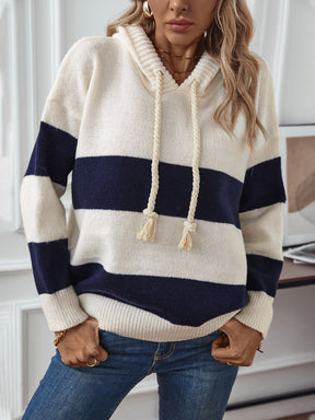 Drawstring Contrast Stripe Dropped Shoulder Hooded Sweater-True and Wild