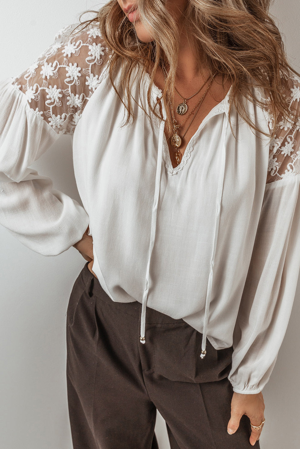 Lace Detail Tie Neck Long Sleeve Blouse-True and Wild