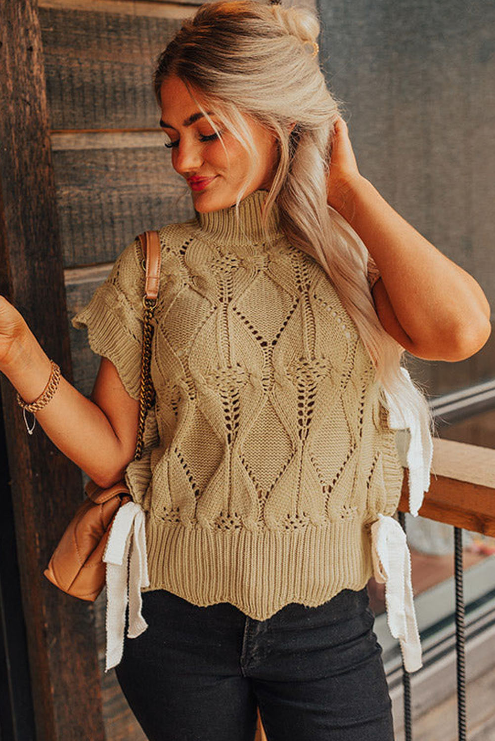 Knit Tops - Light French Beige Hollowed Knit Scalloped Trim High Neck Sweater