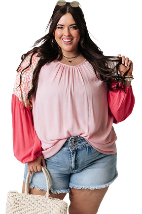 Pink Floral Patchwork Long Sleeve Crinkle Plus Size Blouse