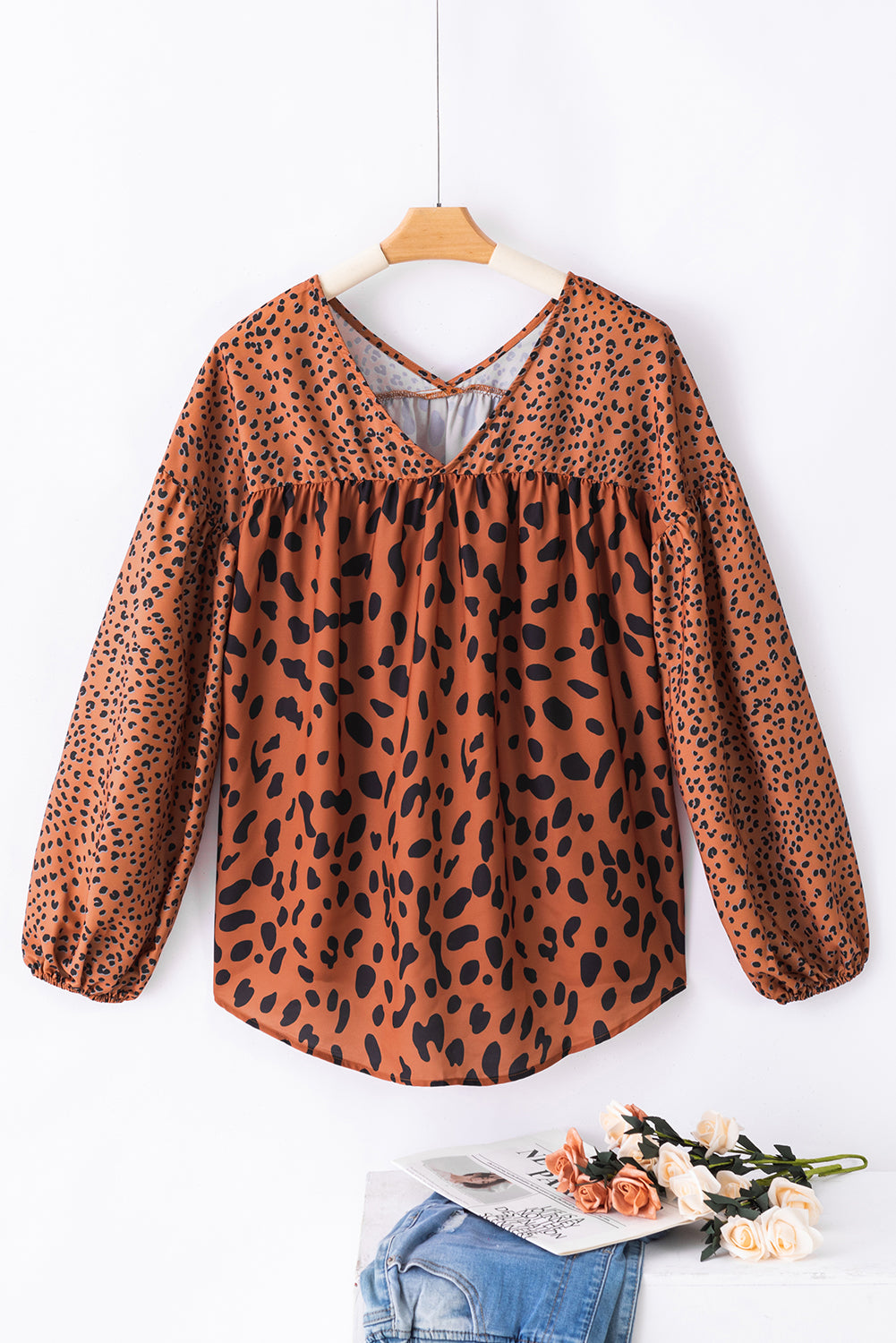 Brown Leopard V Neck Lantern Sleeve Tunic Blouse-True and Wild