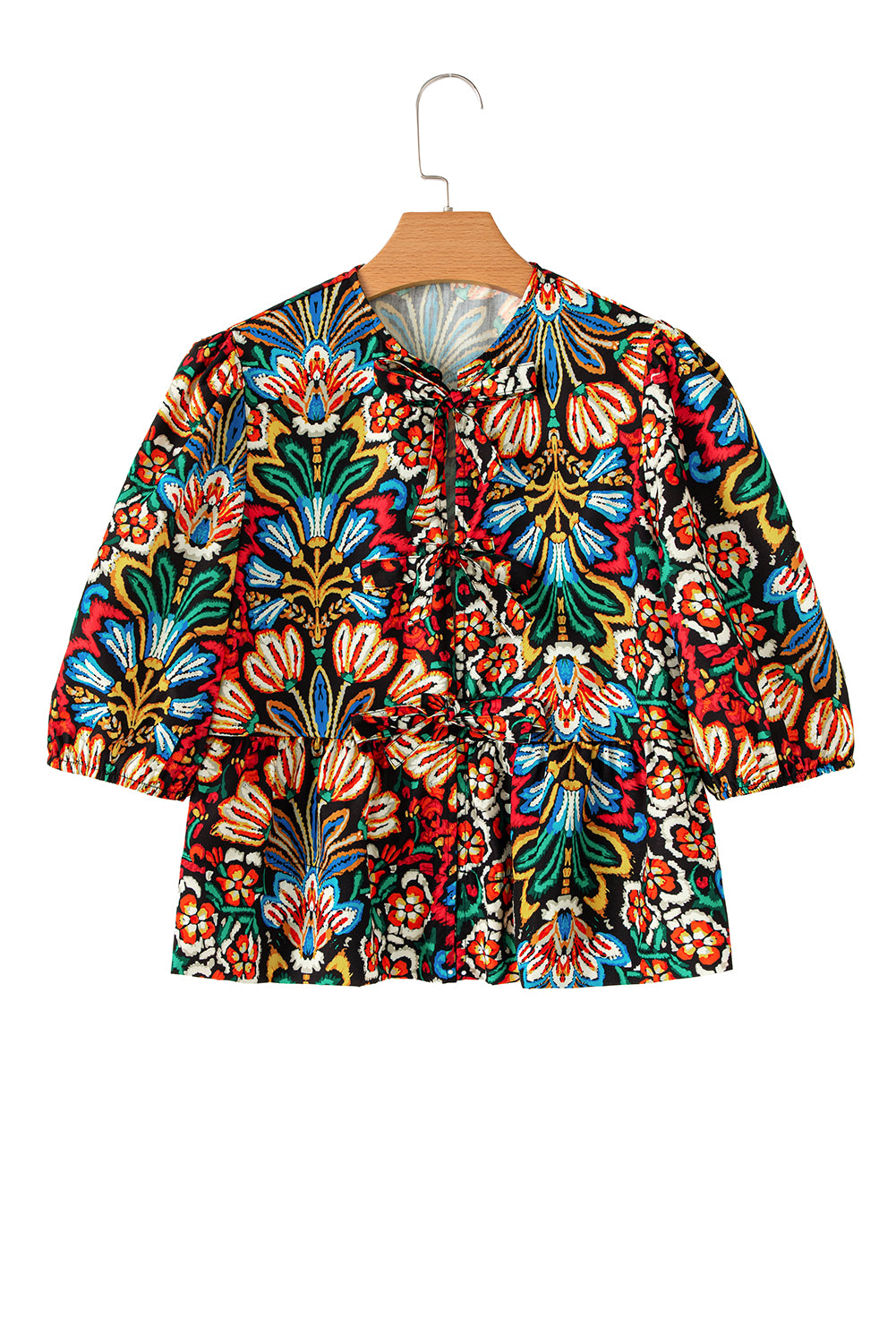 Black Bohemian Tropical Print Front Tie V-Neck Bubble Sleeve Blouse