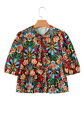 Black Bohemian Tropical Print Front Tie V-Neck Bubble Sleeve Blouse