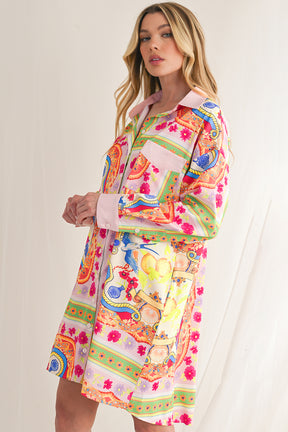 Multicolour Abstract Print Button Long Sleeve Shirt Dress-True and Wild