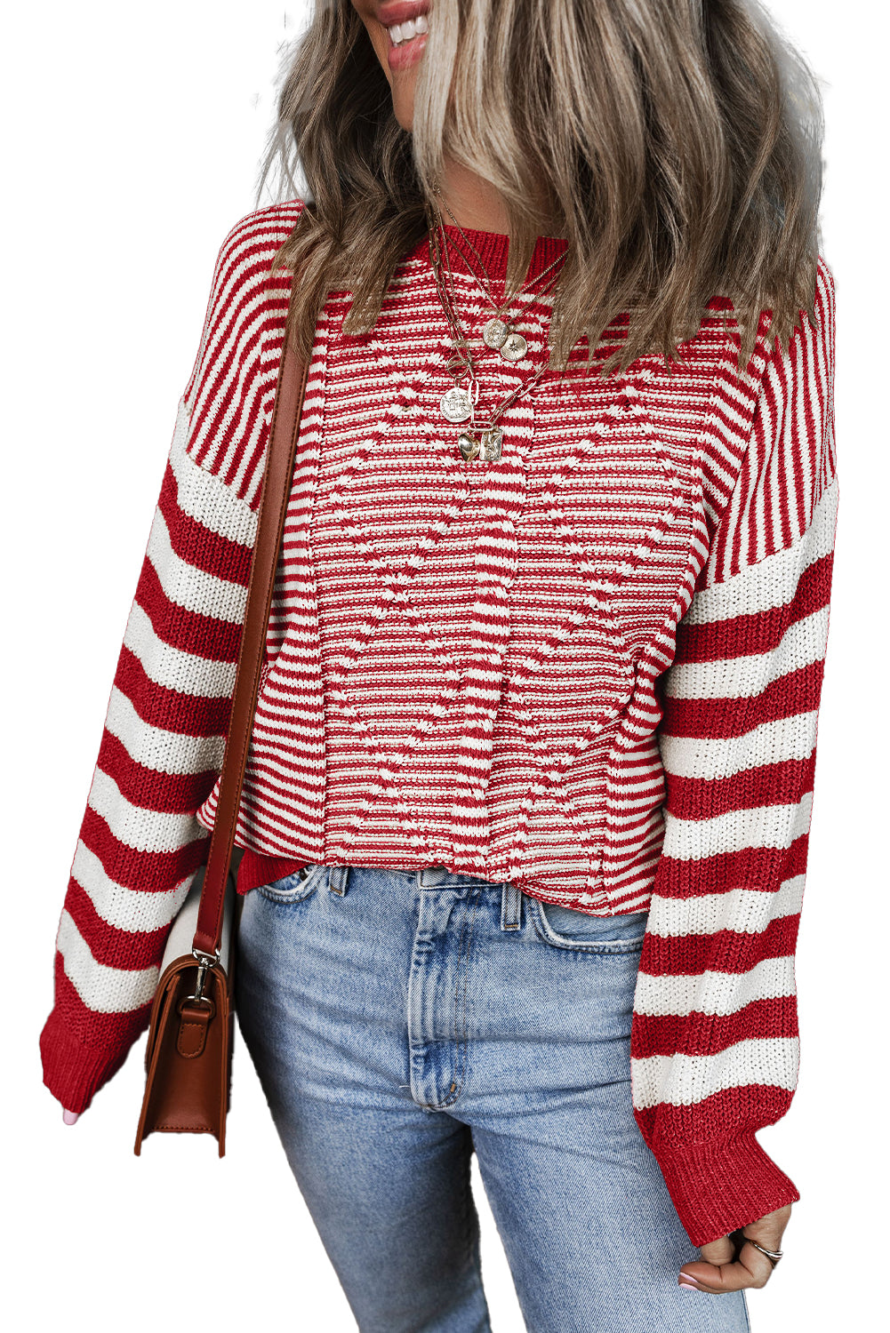 Red Stripe Twisted Knitted Drop Shoulder Sweater-True and Wild