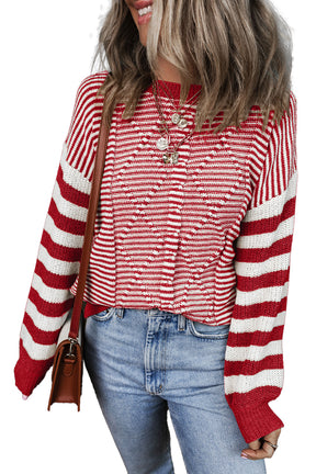 Red Stripe Twisted Knitted Drop Shoulder Sweater-True and Wild