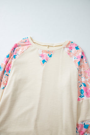 Apricot Floral Patchwork Puff Sleeve Plus Size Ribbed Top-True and Wild