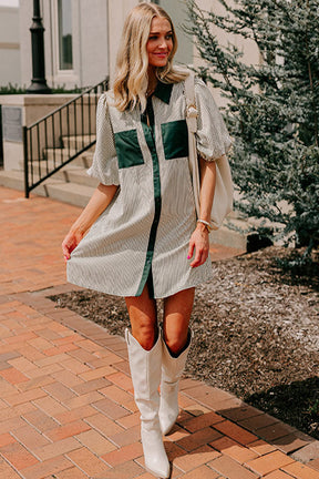 Green Patch Pockets Button Down Short Puff Sleeve Dress-True and Wild