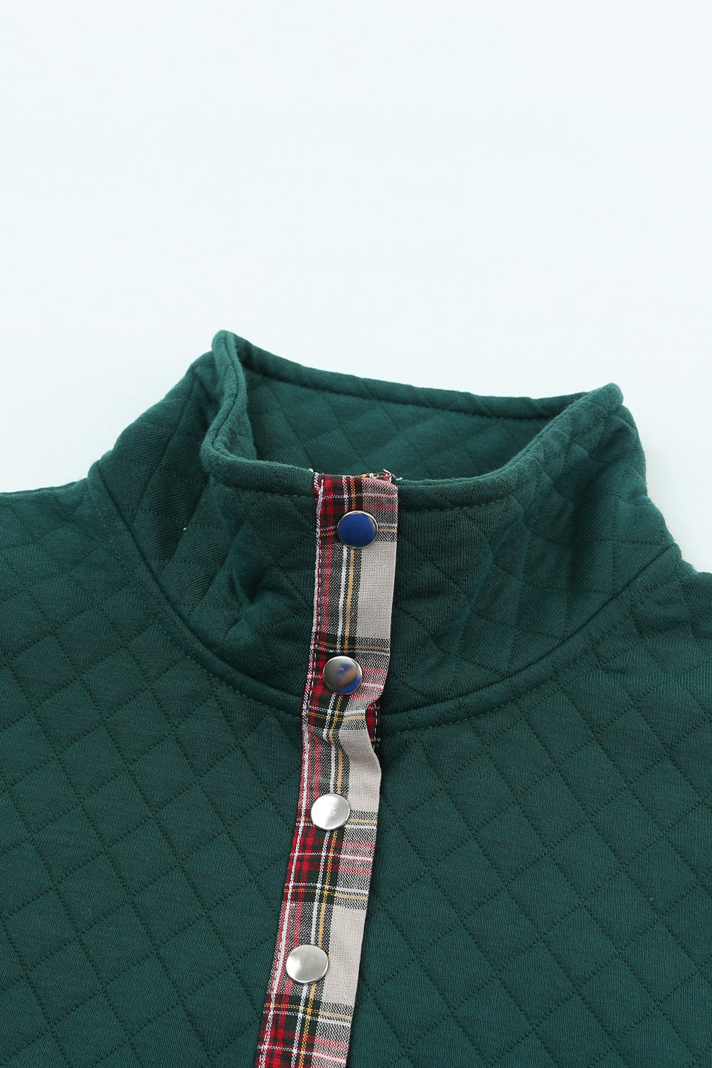 Red Plaid Geometric Texture Trim Button Neck Sweatshirt-True and Wild