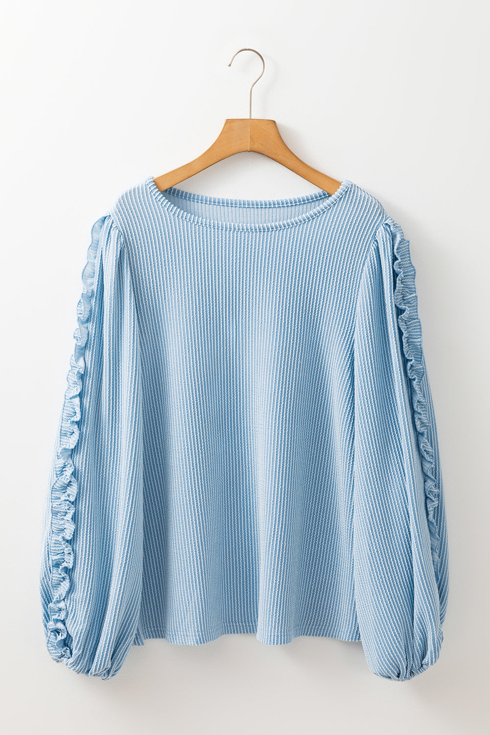 Mist Blue Corded Frill Detail Puff Sleeve Top-True and Wild