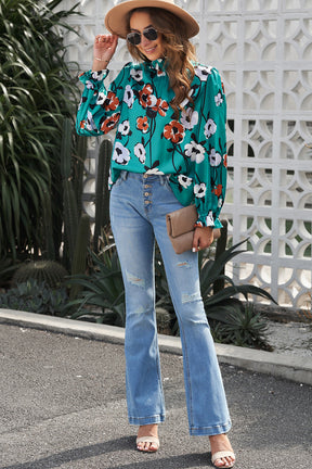 Green Mock Neck Top Floral Print Long Sleeve Silk Blouse-True and Wild