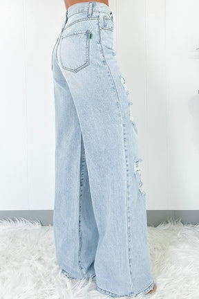 Beau Blue Light Wash Distressed High Waist Wide Leg Jeans-True and Wild